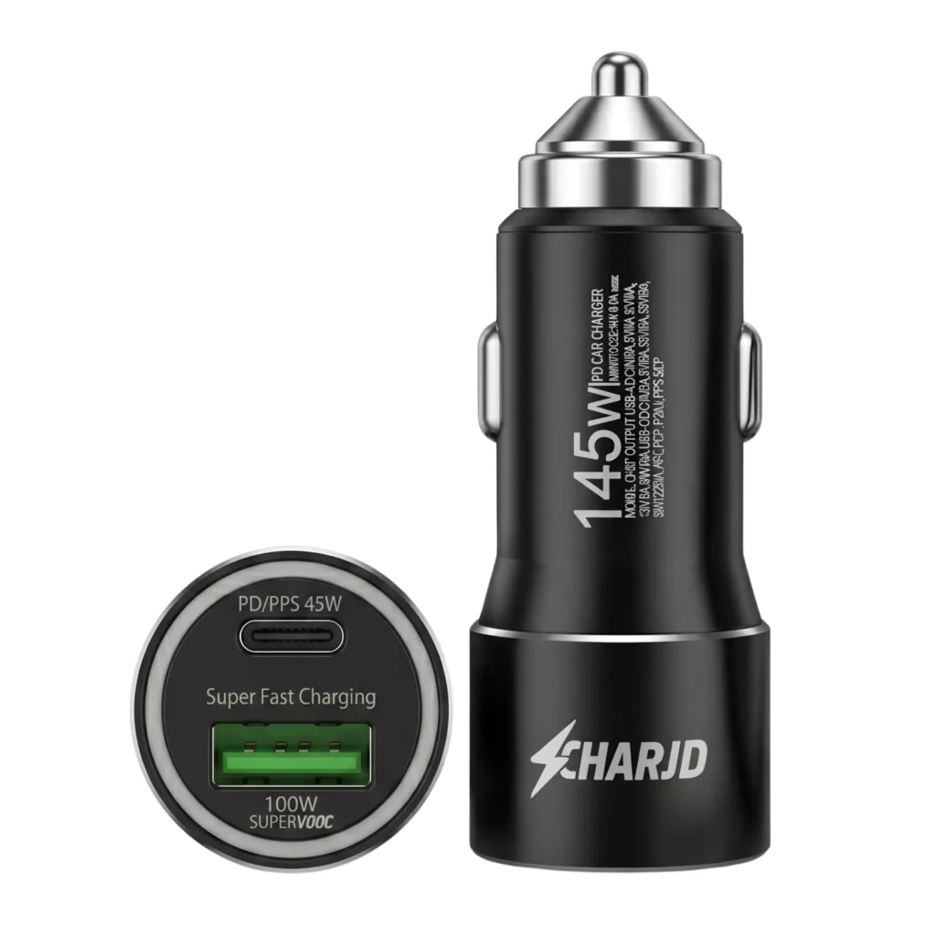 145W Black Car Charger with PD/PPS 45W USB-C and 100W SuperVOOC USB Port