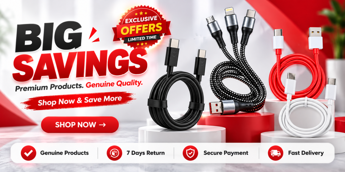 Big Savings exclusive offers banner featuring premium car chargers, genuine products, 7 days return, secure payment and fast delivery.